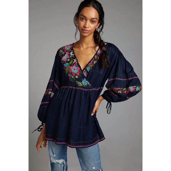 Anthropologie Tops - Anthropologie Embroidered Surplice Boho Tunic Top - Small